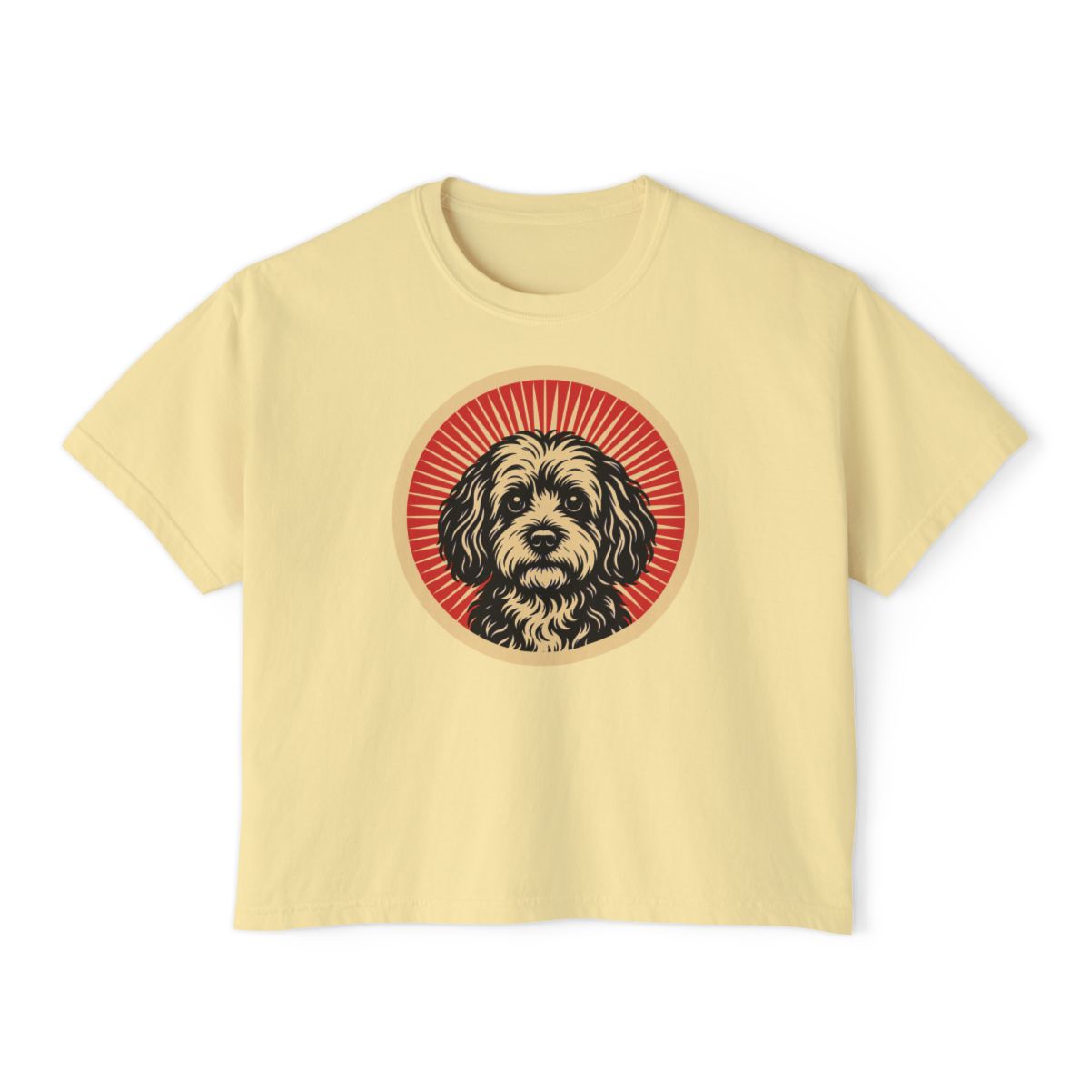 Havapoo badge art in a ring of red rays on a boxy tee