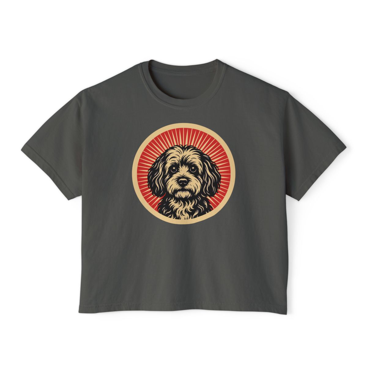 Havapoo badge art in a ring of red rays on a boxy tee
