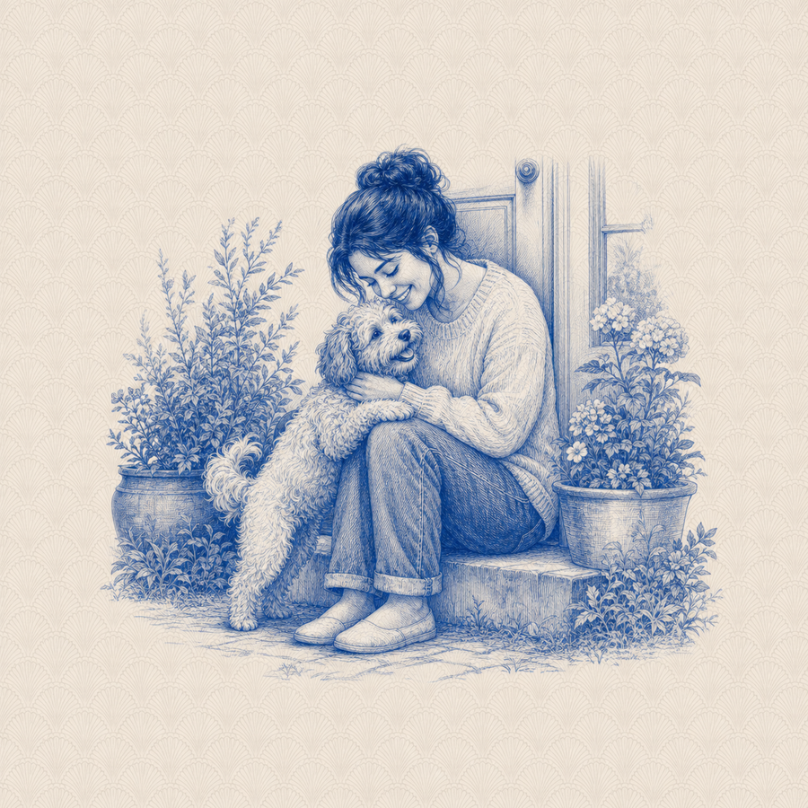 Havapoo, blue and white toile illustration