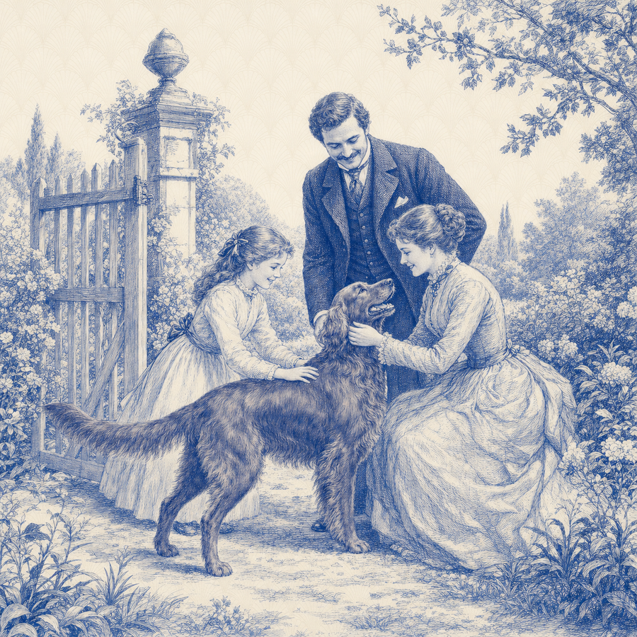 Irish Setter, blue and white toile illustration