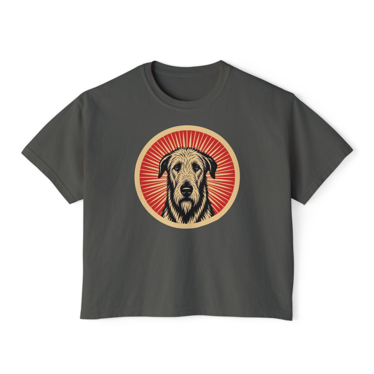 Irish Wolfhound badge art in a ring of red rays on a boxy tee