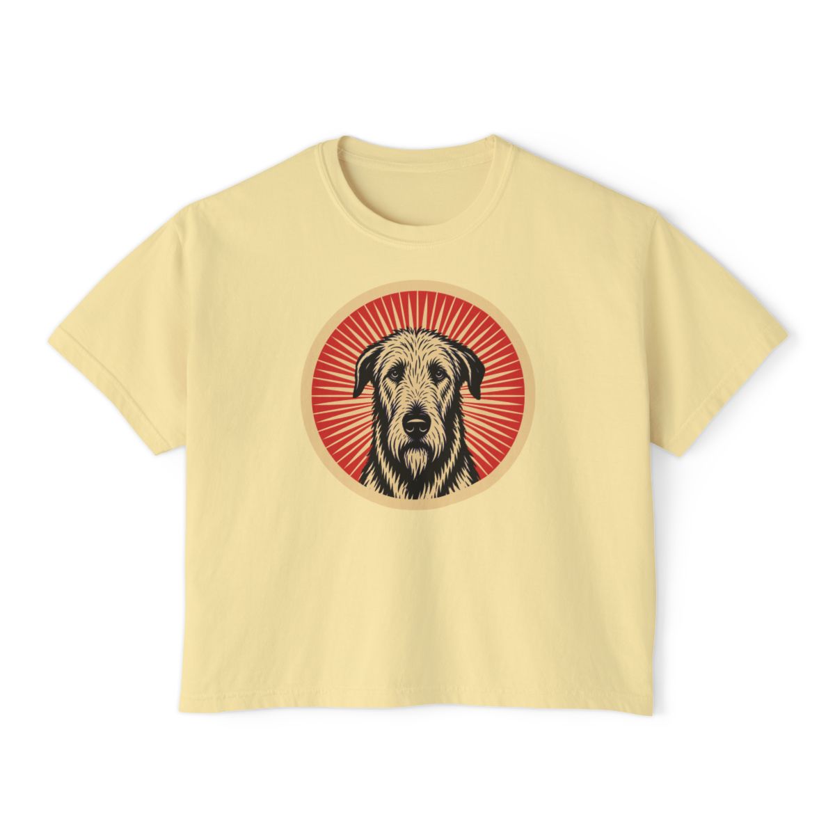 Irish Wolfhound badge art in a ring of red rays on a boxy tee