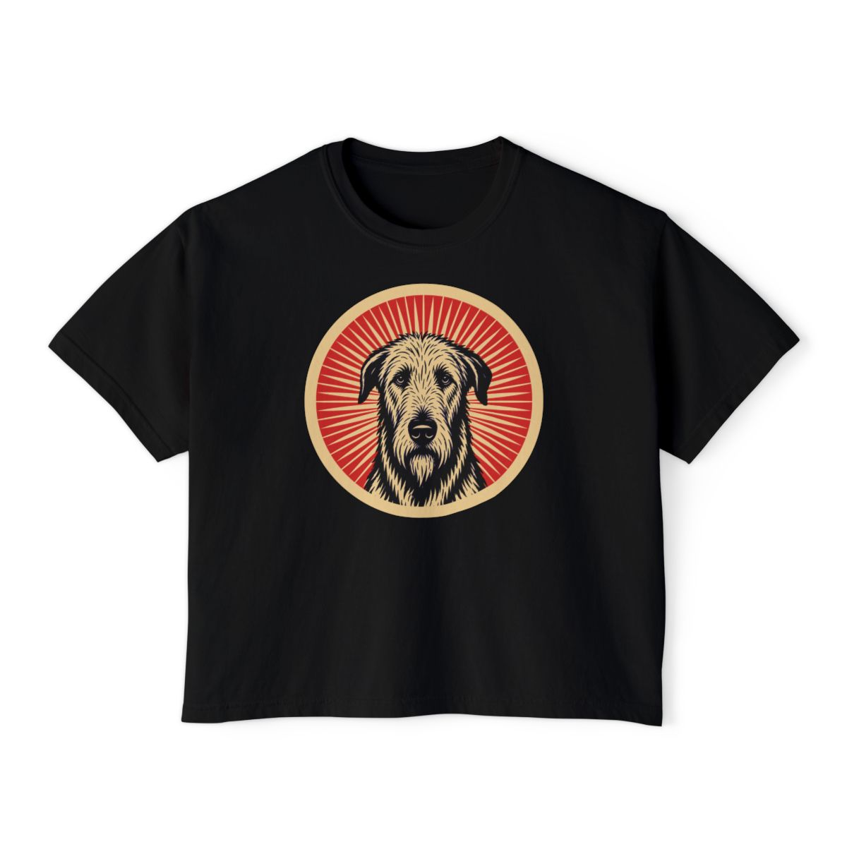 Irish Wolfhound badge art in a ring of red rays on a boxy tee