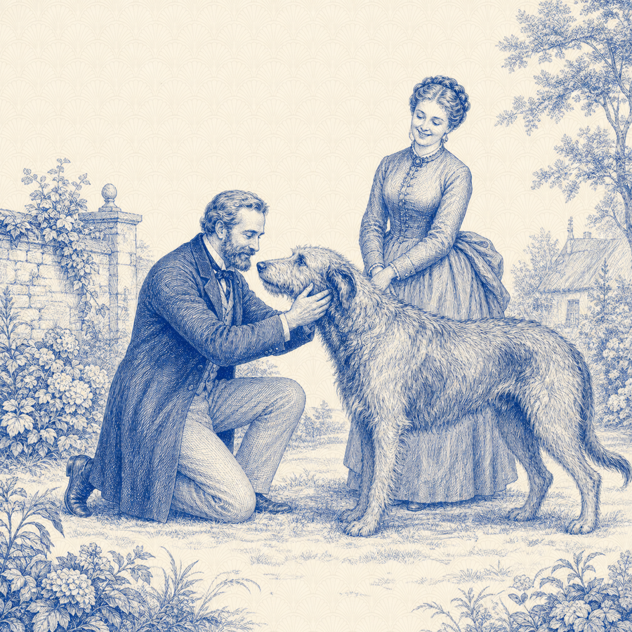 Irish Wolfhound, blue and white toile illustration