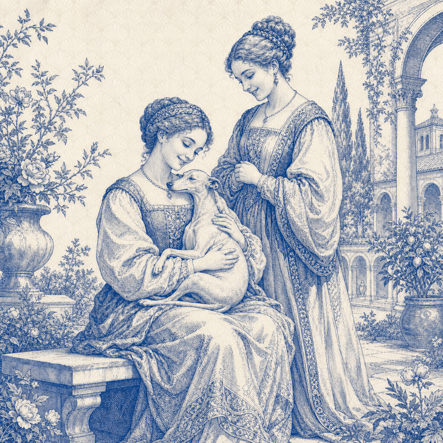 Italian Greyhound, blue and white toile illustration