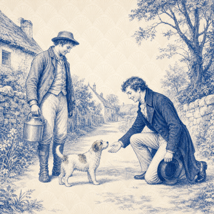Jack Russell Terrier, blue and white toile illustration
