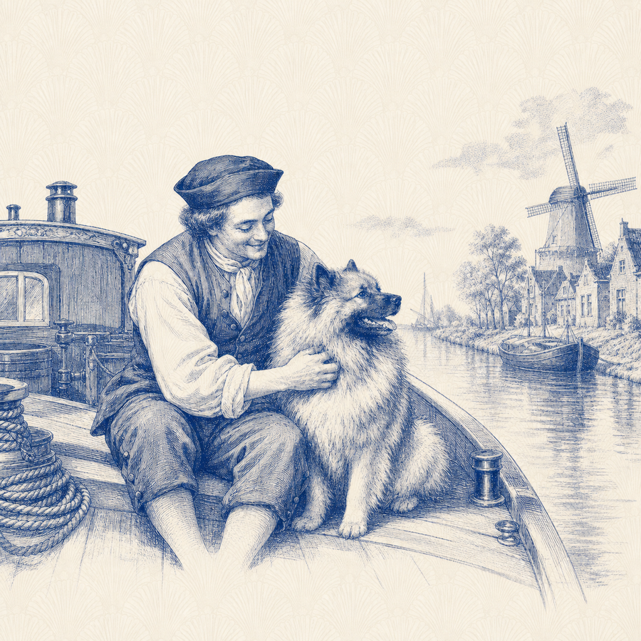 Keeshond, blue and white toile illustration