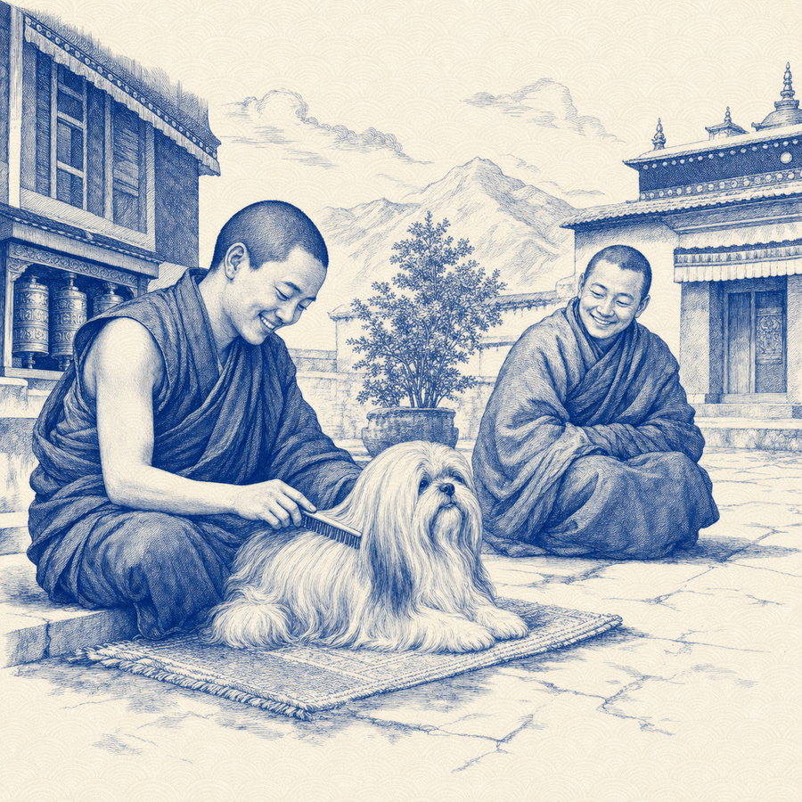 Lhasa Apso, blue and white toile illustration