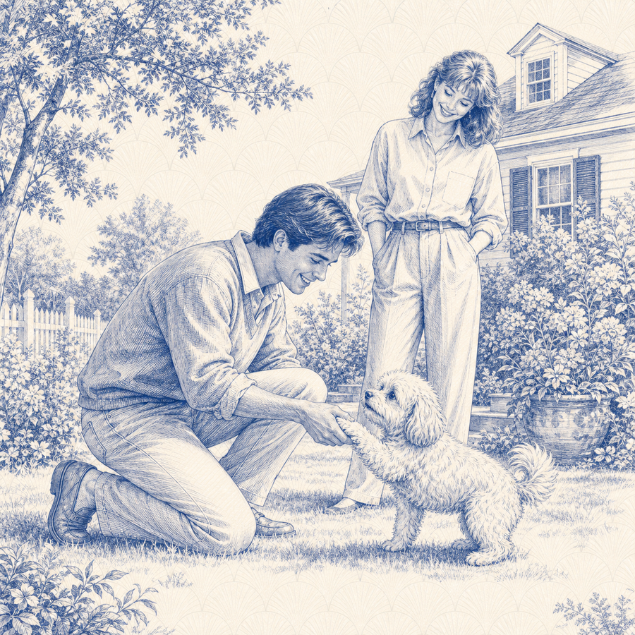 Maltipoo, blue and white toile illustration