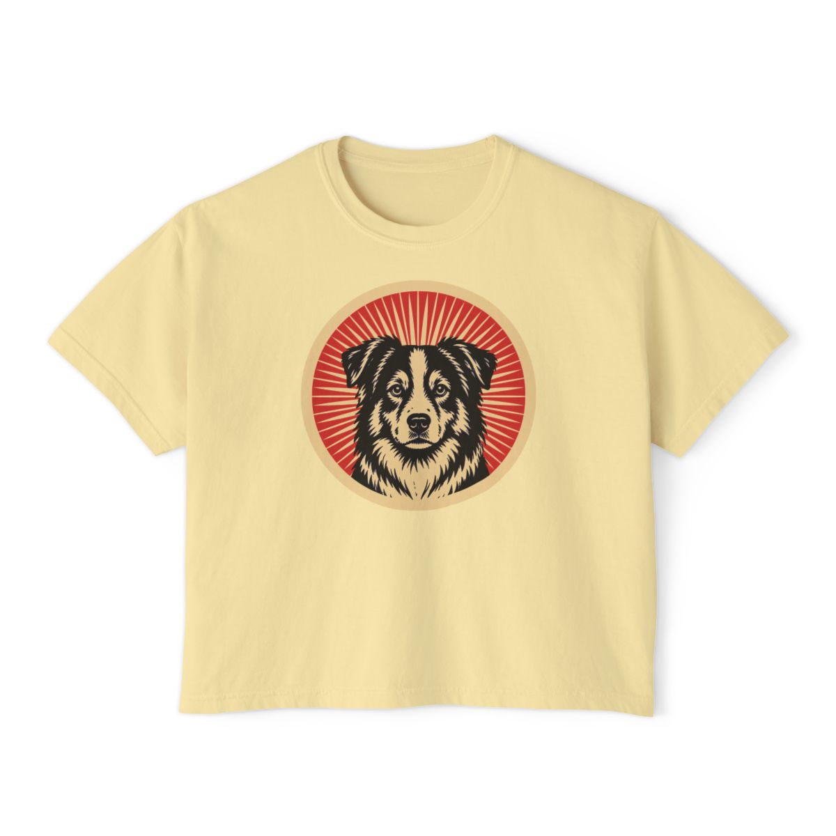 Miniature American Shepherd badge art in a ring of red rays on a boxy tee