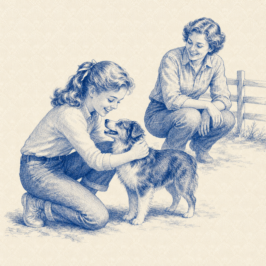Miniature American Shepherd, blue and white toile illustration