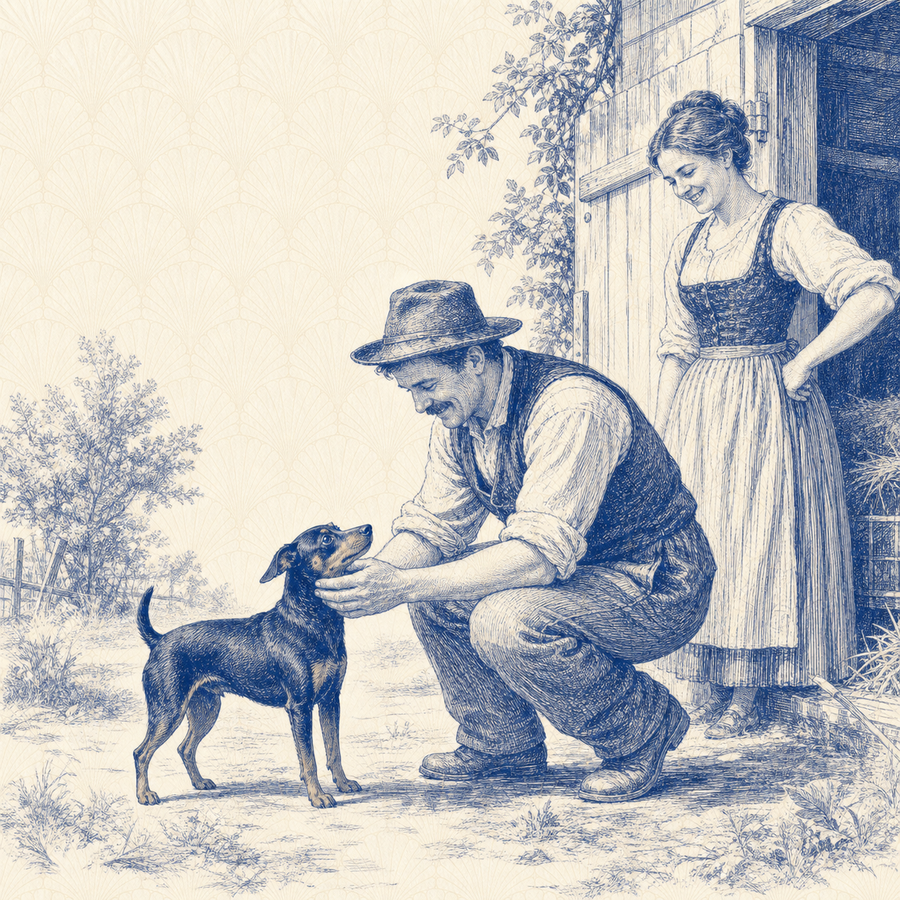 Miniature Pinscher, blue and white toile illustration