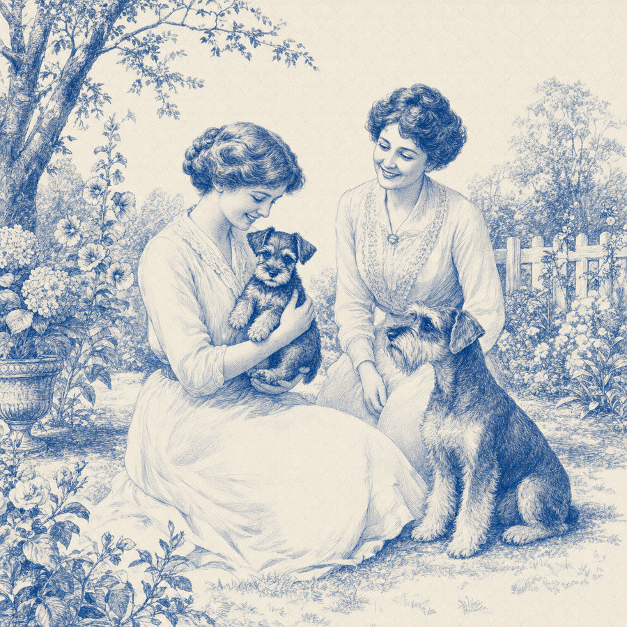 Miniature Schnauzer, blue and white toile illustration