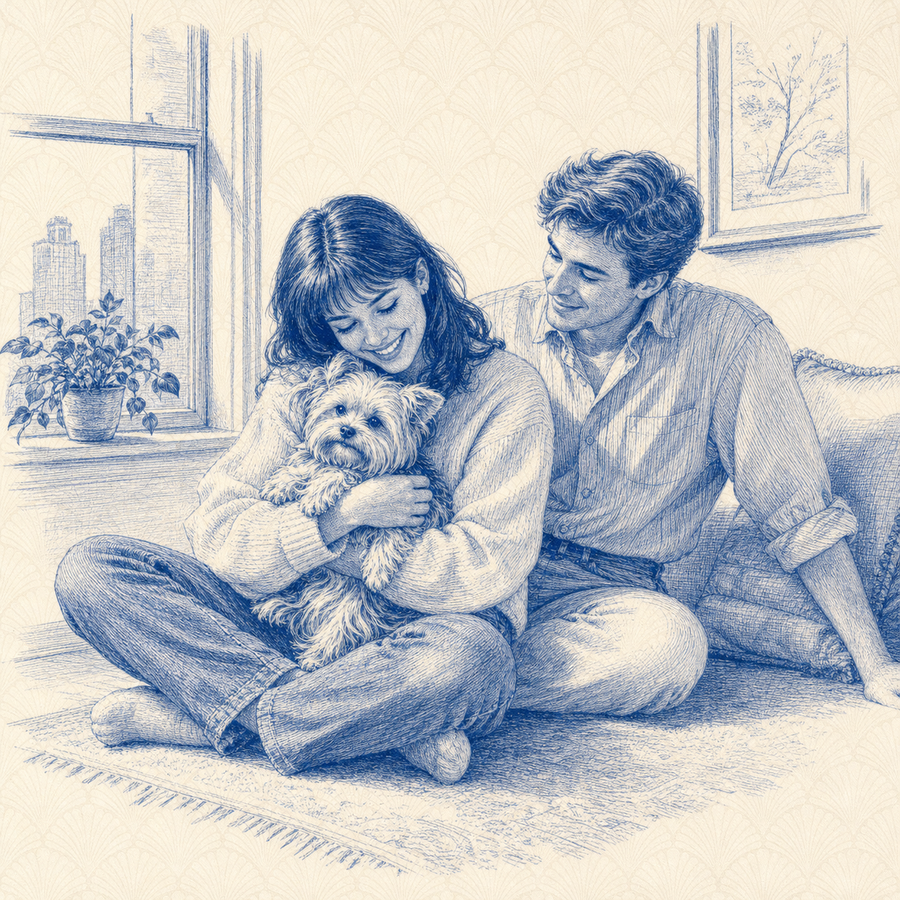 Morkie, blue and white toile illustration