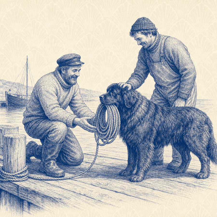 Newfoundland, blue and white toile illustration