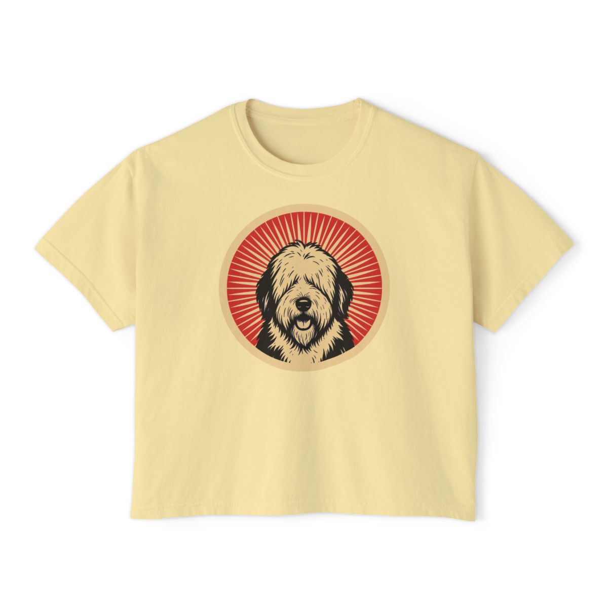 Old English Sheepdog badge art in a ring of red rays on a boxy tee