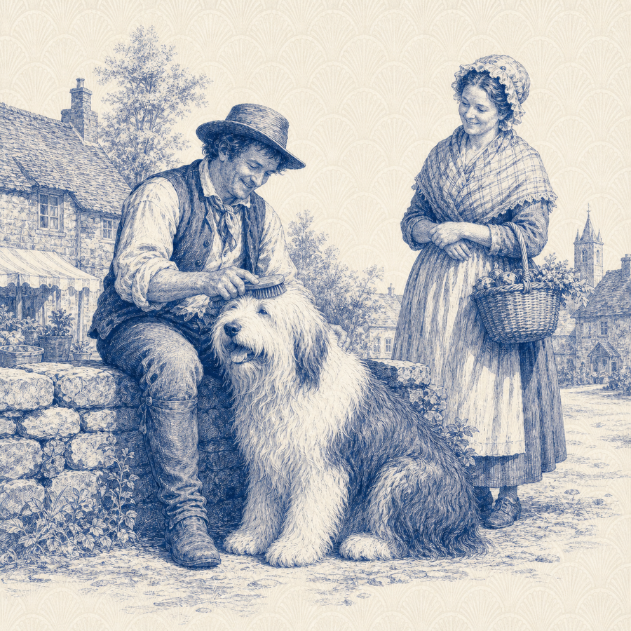 Old English Sheepdog, blue and white toile illustration