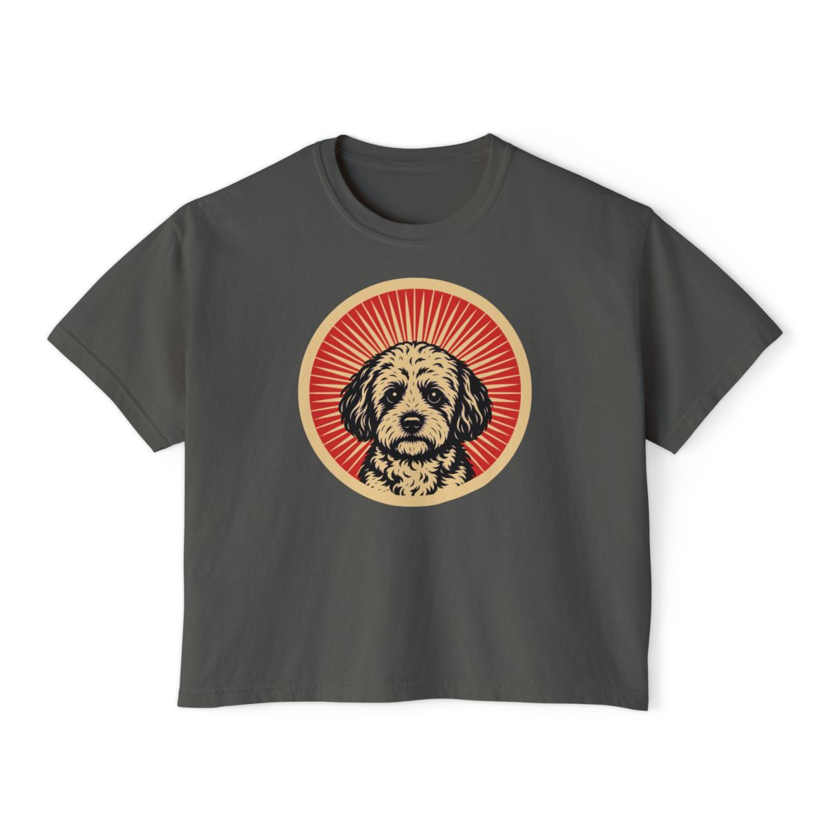 Poochon badge art in a ring of red rays on a boxy tee