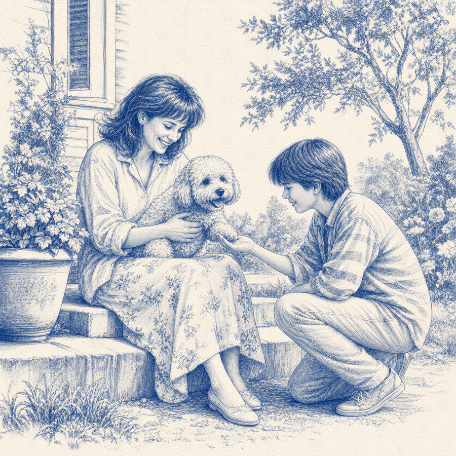 Poochon, blue and white toile illustration