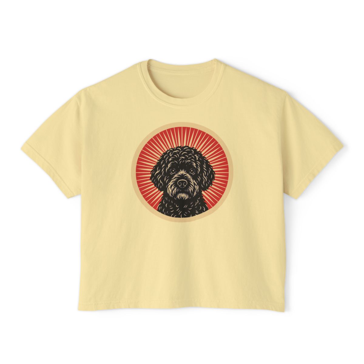 Portuguese Water Dog badge art in a ring of red rays on a boxy tee
