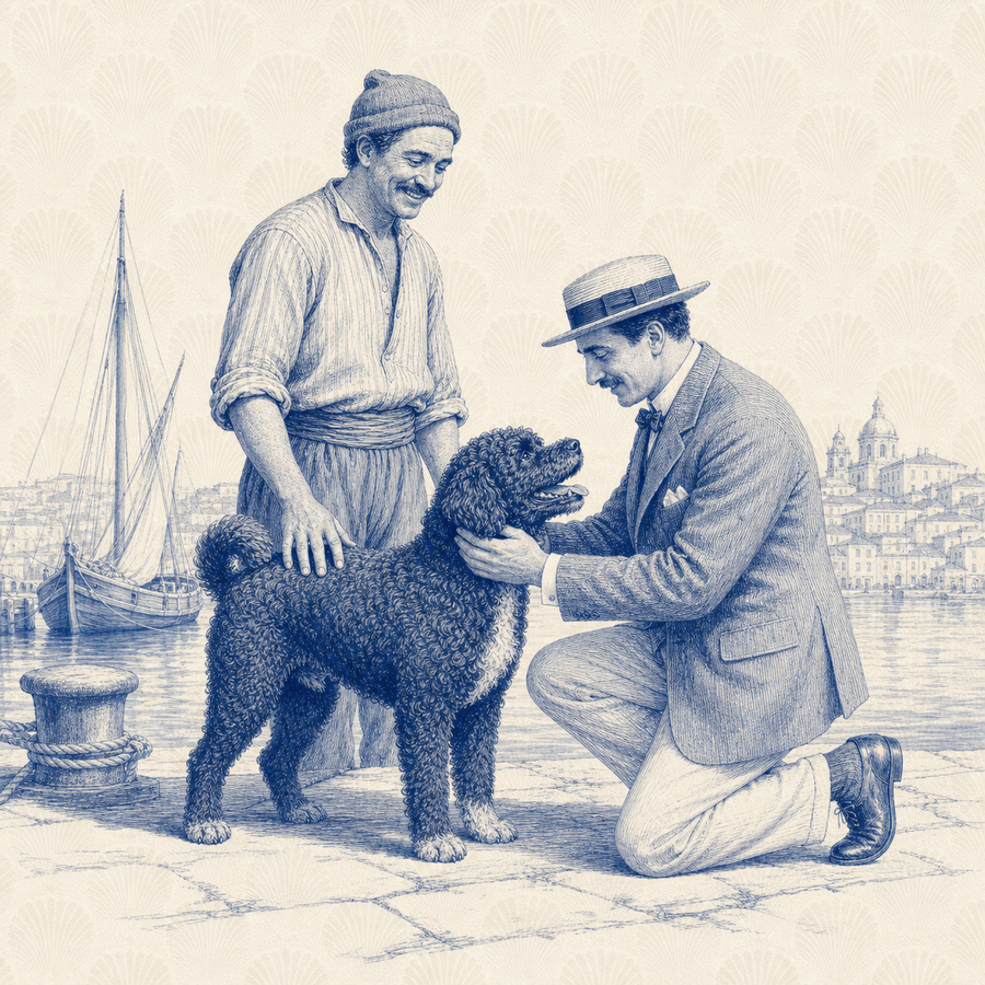 Portuguese Water Dog, blue and white toile illustration