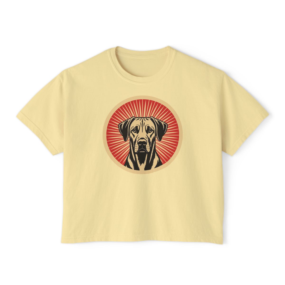 Rhodesian Ridgeback badge art in a ring of red rays on a boxy tee