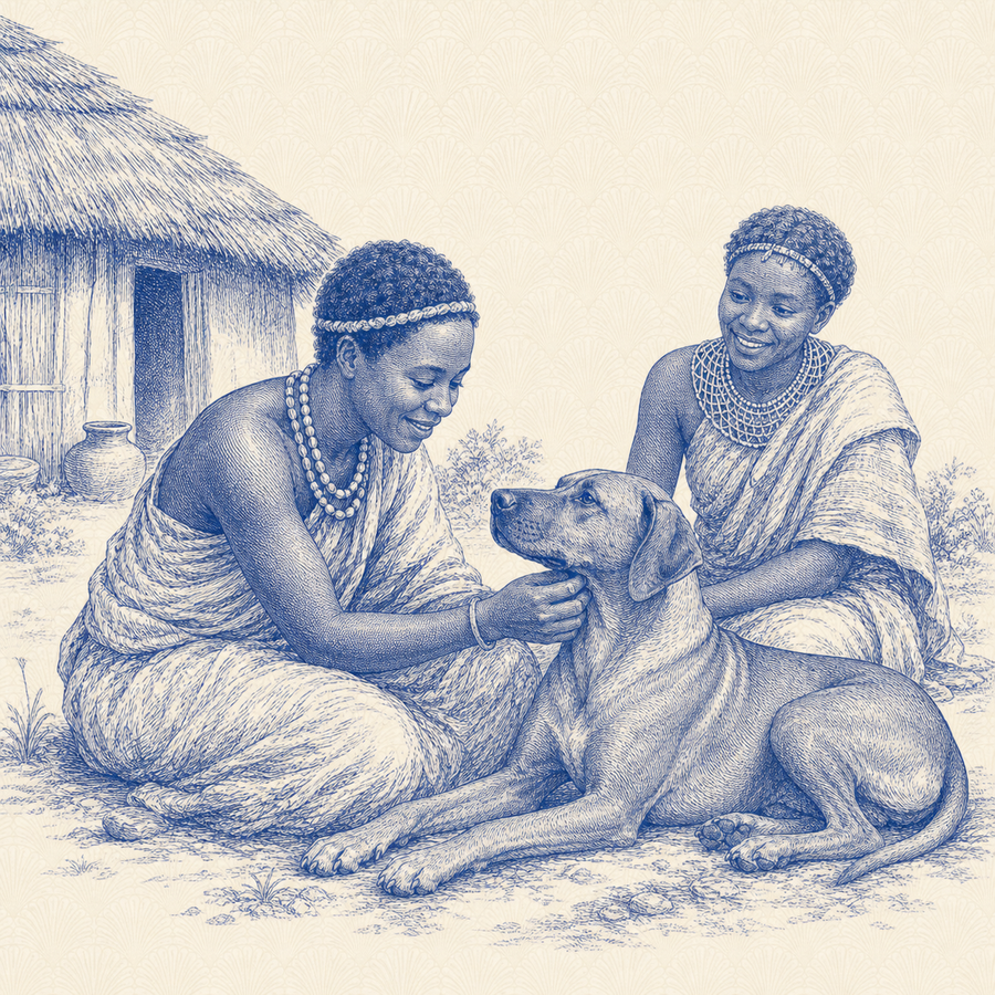 Rhodesian Ridgeback, blue and white toile illustration
