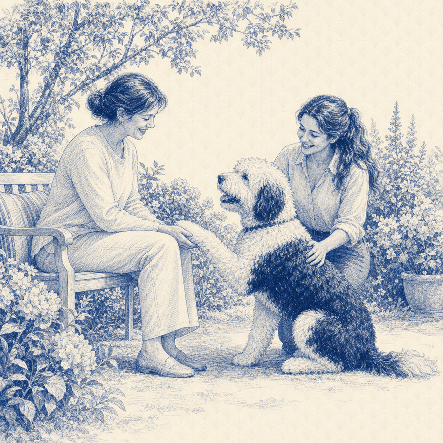 Sheepadoodle, blue and white toile illustration