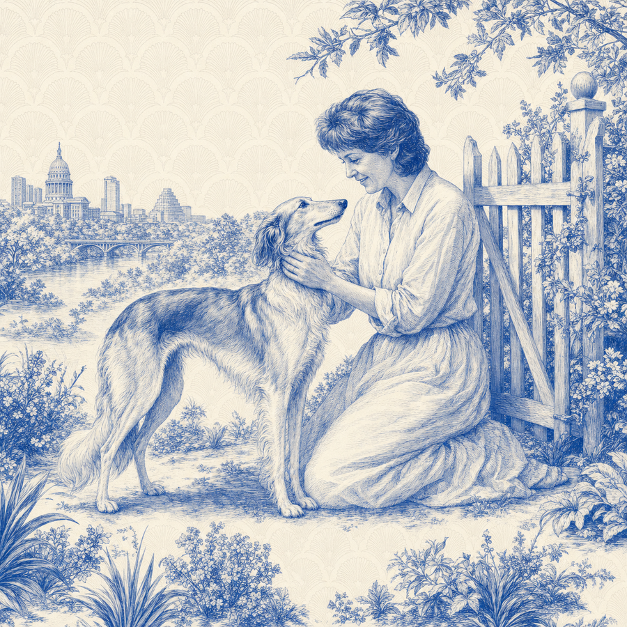 Silken Windhound, blue and white toile illustration