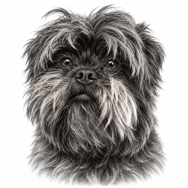 A detailed black and white pencil-style drawing of a small dog's face and fluffy fur, centered on a plain white background.